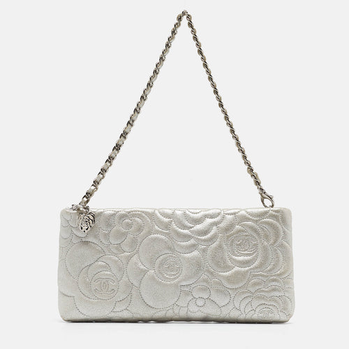 Grey Shimmer Nubuck Leather Camelia Embossed Chain Clutch