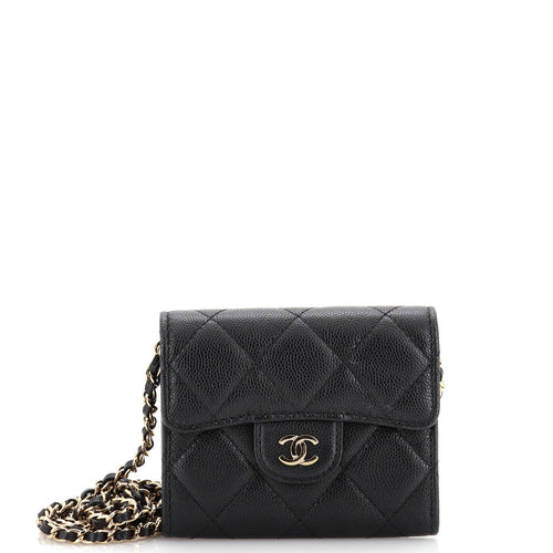 CHANEL Classic Zip Around Card Holder on Chain Quilted Caviar Mini