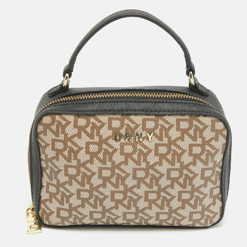 Black/Beige Monogram Coated Canvas and Leather Zip Top Handle Bag