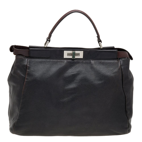 Black/Dark Brown Leather Large Peekaboo Top Handle Bag