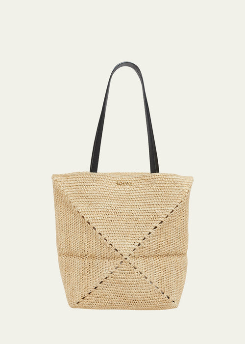 x Paula's Ibiza Medium Puzzle Fold Tote Bag in Raffia with Leather Handles