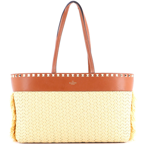 VALENTINO GARAVANI Rockstud Shopping Tote Raffia with Leather Large