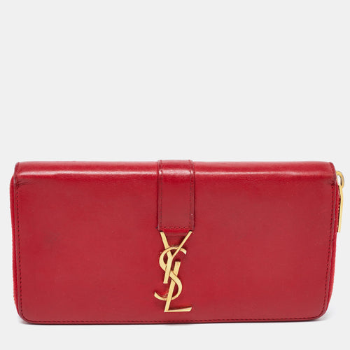 Saint Laurent Red Leather Monogram Zip Around Wallet