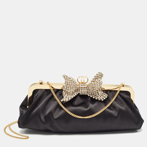 Black Satin Crystal Embellished Bow Broadway Clutch