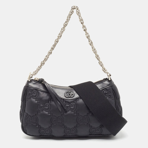 Black GG Matelassé Satin and Leather Chain Bag