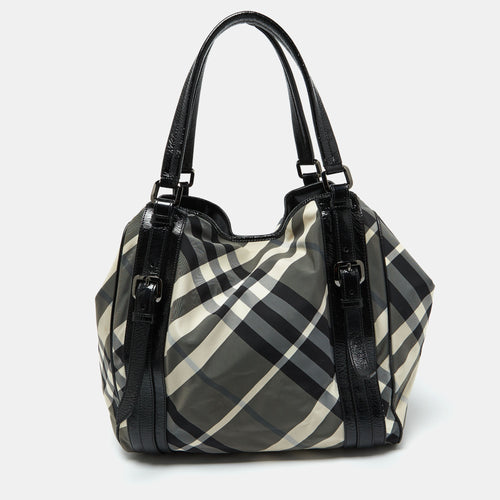 Black Beat Check Nylon and Patent Leather Large Victoria Tote