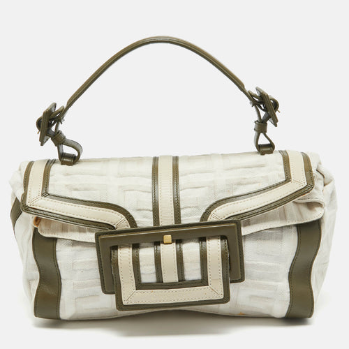 White/Olive Green Signature Fabric and Leather Top Handle Bag