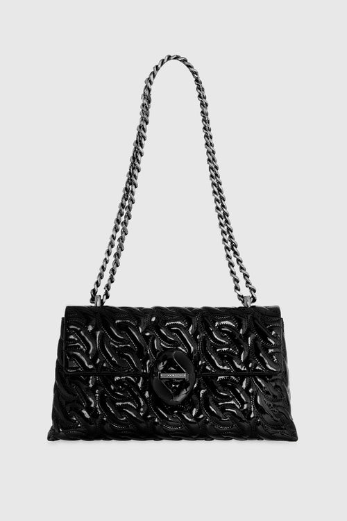 Double Gusset Crossbody With Chain Quilt Bag In Black/Black Shellac
