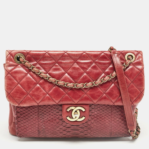 Burgundy Quilted Aged Leather and Python Large Urban Mix Flap Bag