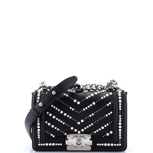 CHANEL Boy Flap Bag Pearl Embellished Chevron Calfskin Small