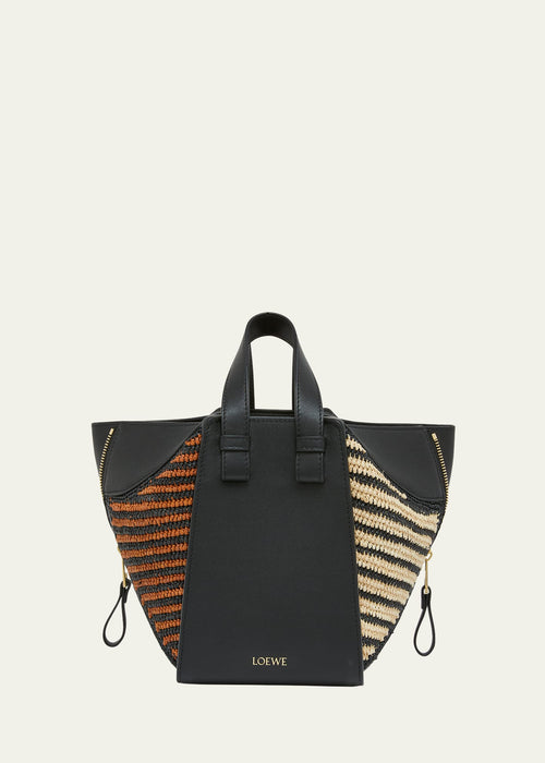 x Paula's Ibiza Hammock Compact Top-Handle Bag in Striped Raffia with Leather Handles