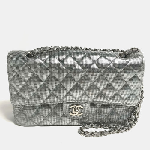 Metallic Silver Quilted Calfskin Pixel Effect Medium Classic Double Flap Bag