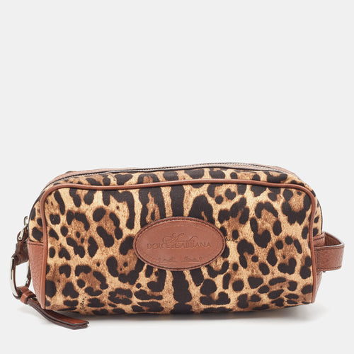 Brown Leopard Print Fabric and Leather Cosmetic Pouch
