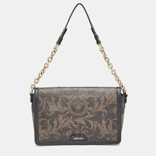 Black/Brown Baroque Print Coated Canvas and Leather Flap Chain Bag