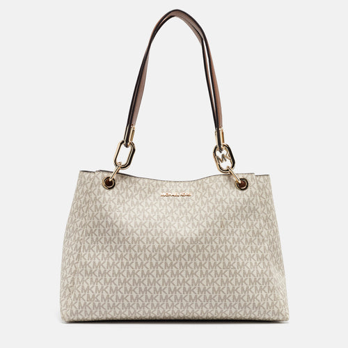White/Brown Signature Coated Canvas and Leather Trisha Tote