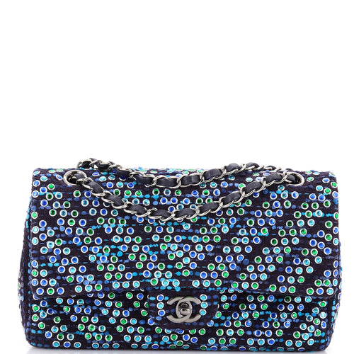 CHANEL Classic Double Flap Bag Chevron Tweed and Rhinestones Medium