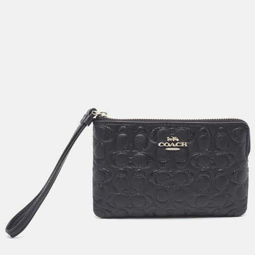 Black Signature Glitter Embossed Leather Boxed Wristlet Clutch