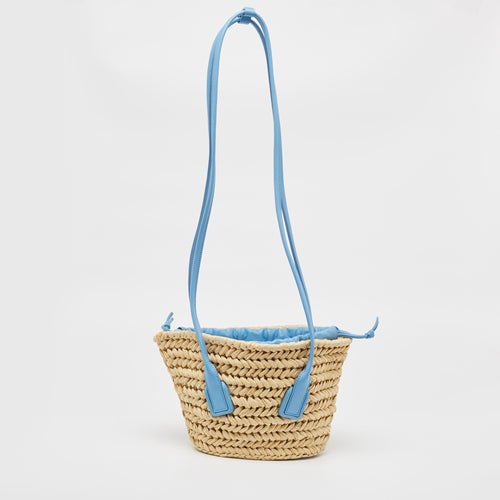 Light Blue/Beige Raffia and Leather Small Arco Basket Bag
