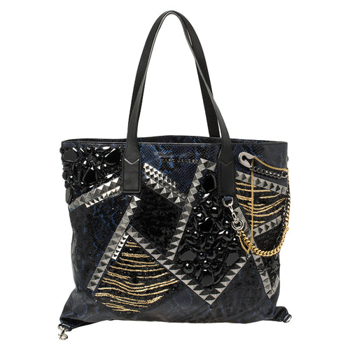 Blue/Black Python Embossed Leather Embellished Wingman Tote