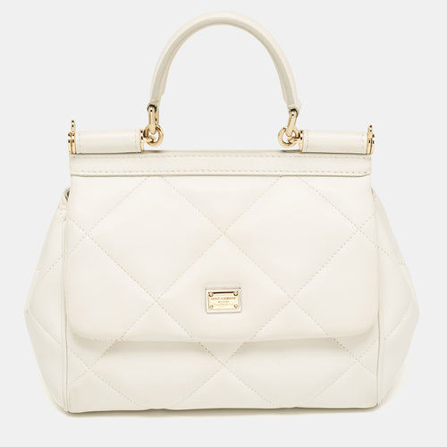 White Quilted Leather Small Miss Sicily Top Handle Bag