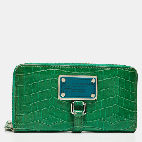 Green Croc Embossed Patent Leather Zip Around Wallet