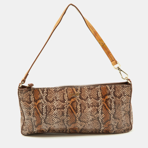 Brown Python Embossed and Leather Zip Baguette Bag