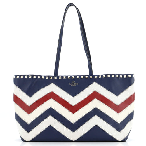 VALENTINO GARAVANI Rockstud Shopper Tote Chevron Leather and Canvas Medium
