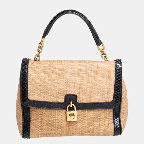 Beige/Black Raffia and Python Trim Miss Dolce Top Handle Bag