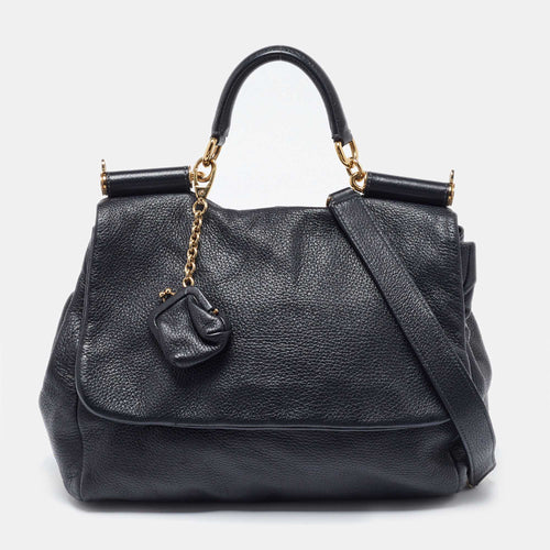 Black Leather Large Miss Sicily Top Handle Bag