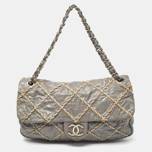 Grey Quilted Crinkled Leather Ultra Stitch Classic Flap Bag