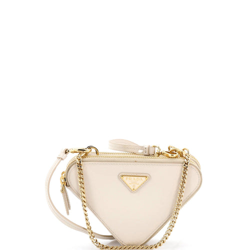 PRADA Triangle Double Zip Pouch Bag with Chain Saffiano Leather Mini
