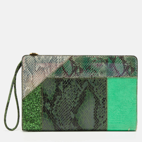 Green Faux Python Embossed and Glitter Waverly Patchwork Clutch