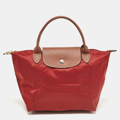 Maroon Nylon and Leather Small Le Pliage Short Handle Tote