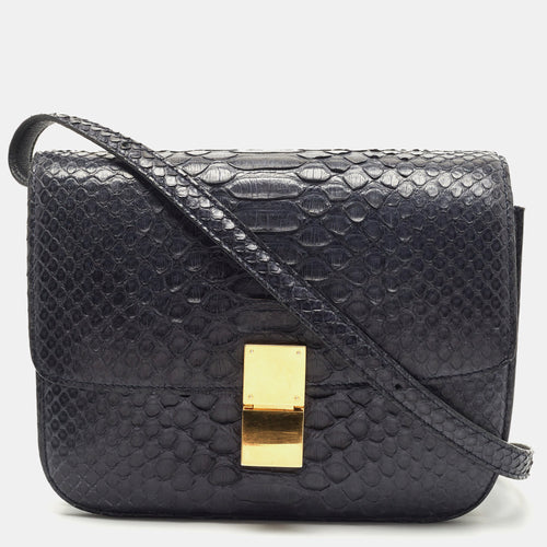 Navy Blue Python Medium Classic Box Shoulder Bag
