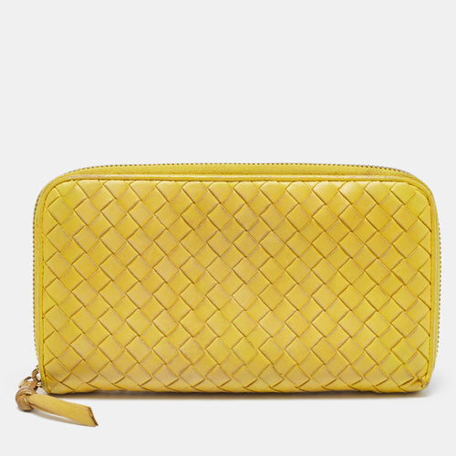 Yellow Intrecciato Leather Zip Around Continental Wallet