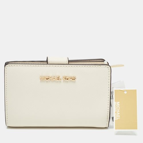 Cream Leather Jet Set Travel Compact Wallet