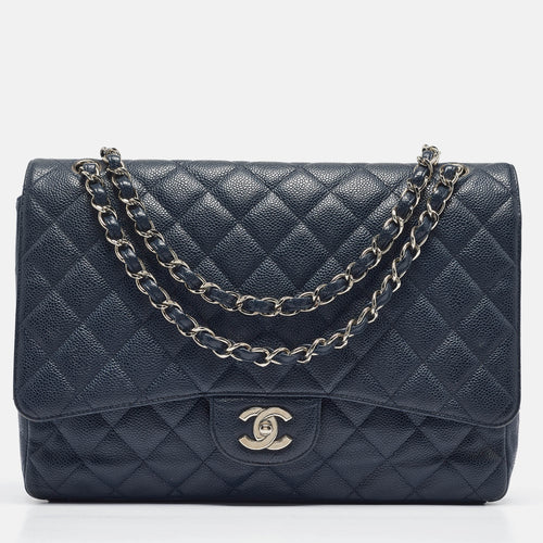 Navy Blue Quilted Caviar Leather Maxi Classic Single Flap Bag
