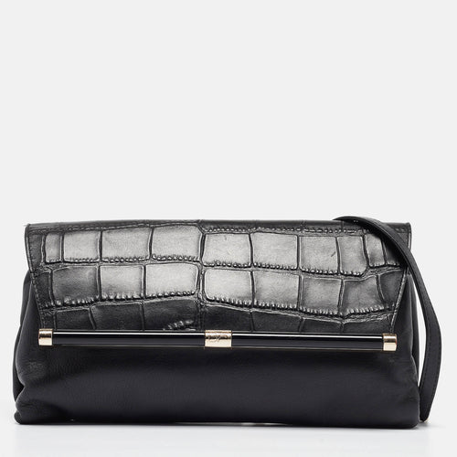Black Croc Embossed and Leather Flap 440 Shoulder Bag