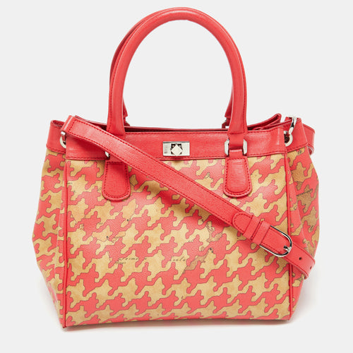 Beige/Red Geo Print Coated Canvas and Leather Tote