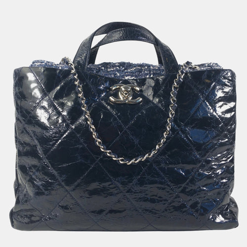 Blue Quilted Glazed Calfskin and Tweed Portobello Top Handle Bags