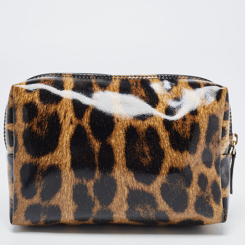 Brown/Black Leopard Print Patent Leather Cosmetic Pouch