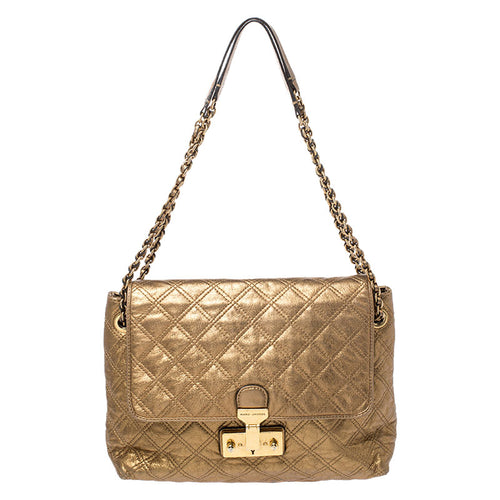 Metallic Gold Quilted Leather Flap Shoulder Bag