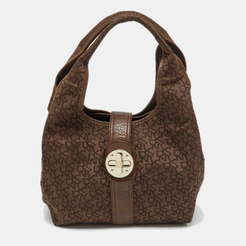 Brown Signature Canvas and Croc Embossed Leather Push Lock Hobo