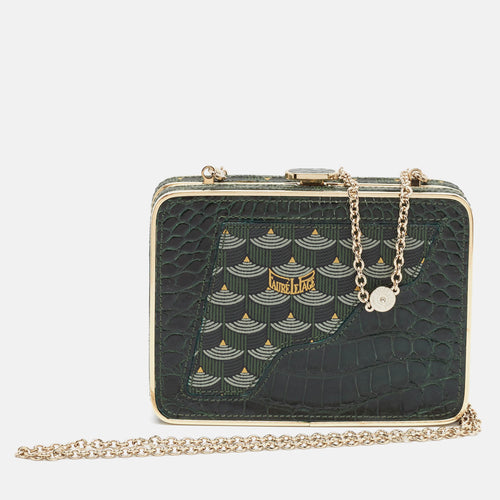 Green Coated Canvas and Croc Embossed Leather Chain Clutch