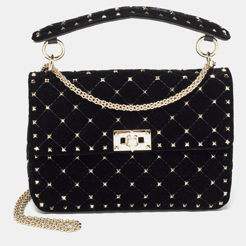 Black Quilted Velvet Medium Rockstud Spike Top Handle Bag