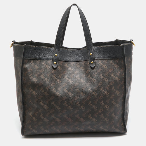 Dark Brown Carriage Print Coated Canvas and Leather Field 40 Tote