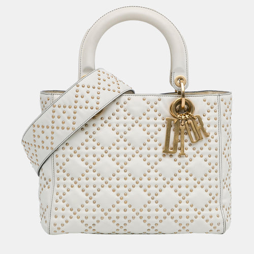 White Lambskin Leather Medium Cannage Studded Supple Lady Tote Bag