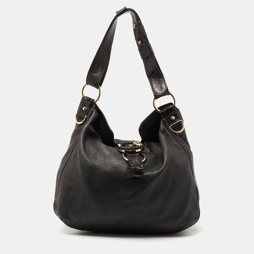 Black Leather and Crocodile Trim Medium G Wave Hobo
