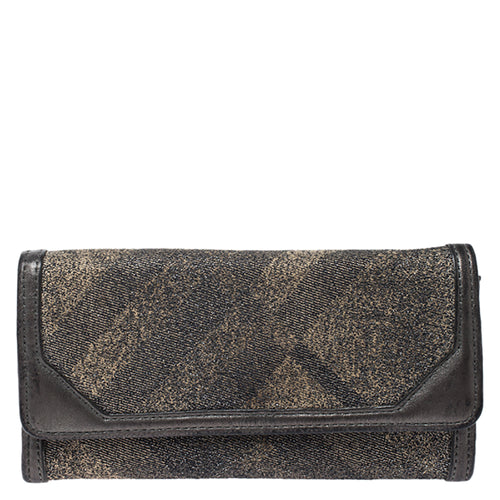 Metallic Grey Smoke Check Canvas and Leather Flap Continental Wallet