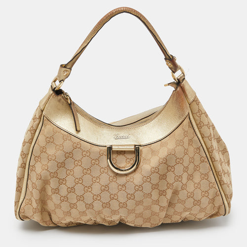 Biege/Gold GG Canvas and Leather Large D Ring Hobo